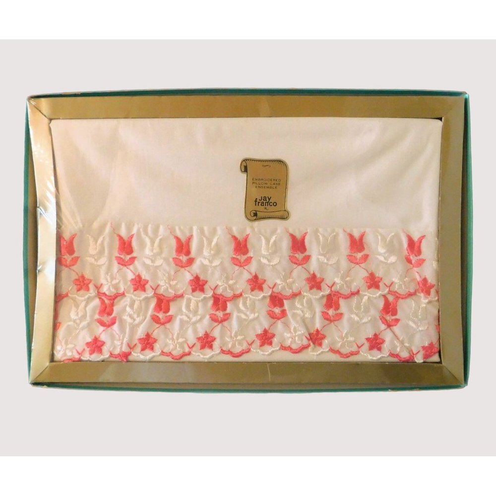 Vintage 1960s Jay Franco Pillow Case 2 Std Size White Pink Embroidered Floral